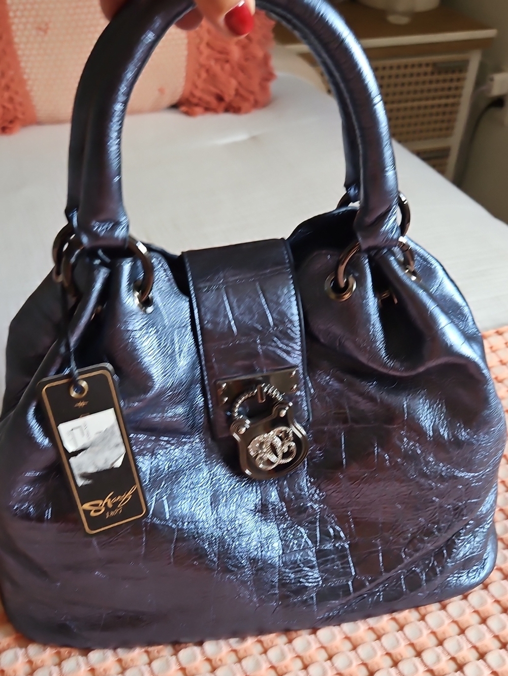 Elegant Women's Shiny Dark Blue Satchel Bag by